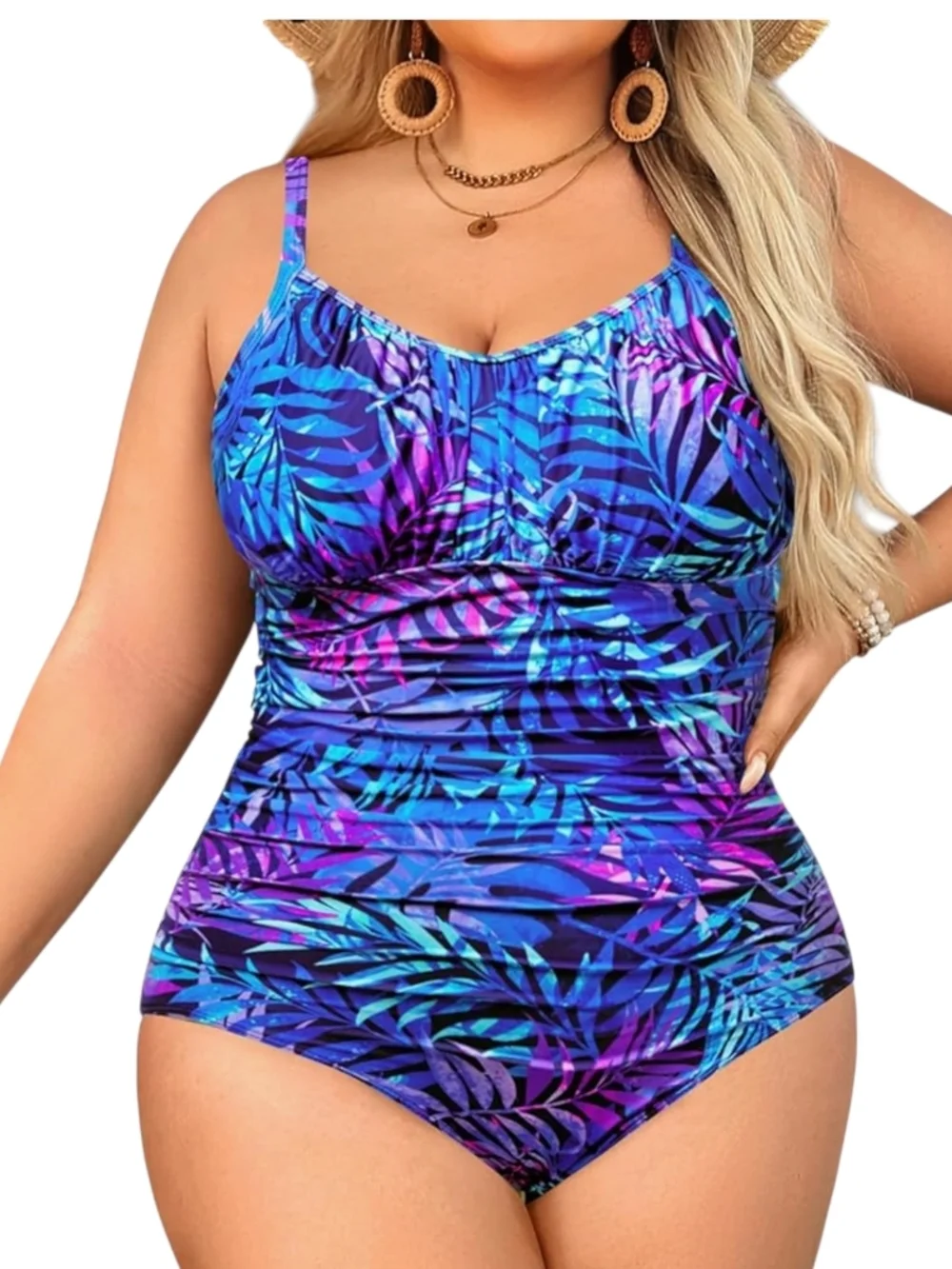 AQUA EVE - 22W Leaf Print Blue & Purple Tank One-Piece Swimsuit - Picture 4 of 9